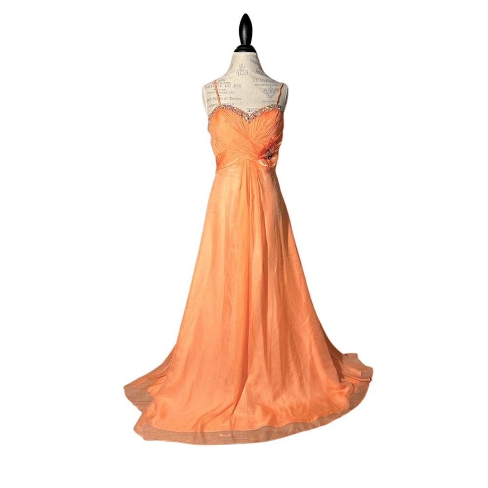 Dave & Johnny orange peach beaded sweetheart neckline chiffon prom dress sz 5/6